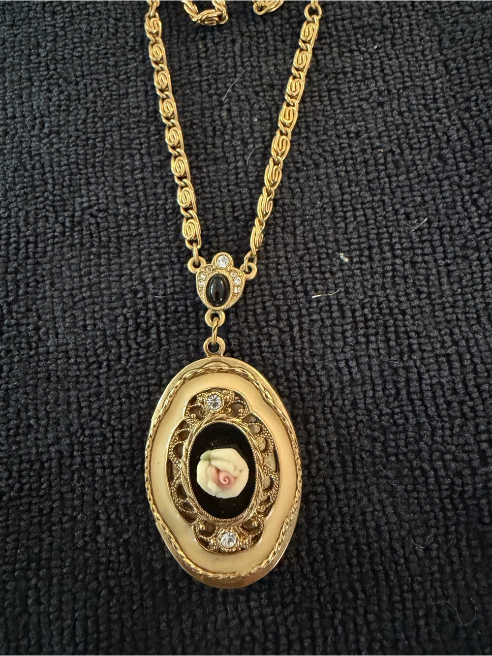 Gold-Tone Floral Cameo Pendant Necklace with Pink Rose on Black - Picture 2 of 6